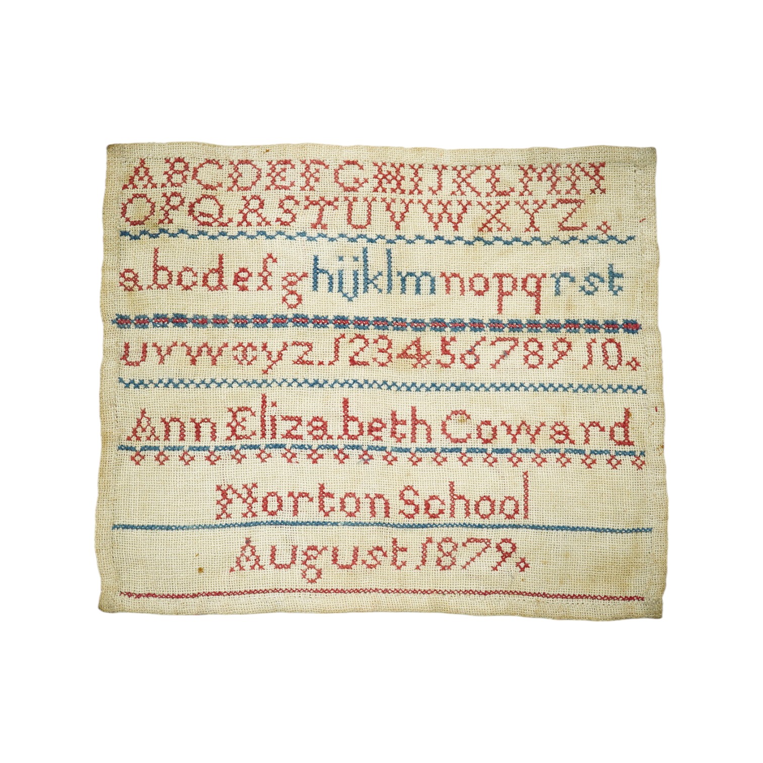 A Victorian unframed sampler worked by Ann Elizabeth Coward, Norton School, August 1879, 17 x 20cm. Condition - fair to good, some staining to canvas